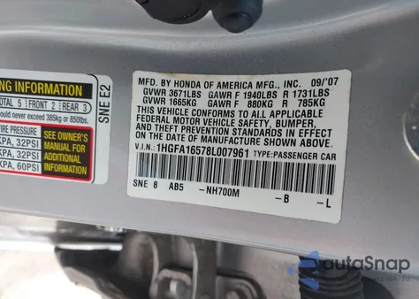 2008 Honda Civic Lx z USA, uszkodzony, nr VIN 1HGFA16578L007961
